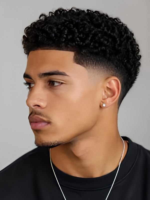 Short Afro Curls with Low Skin Fade