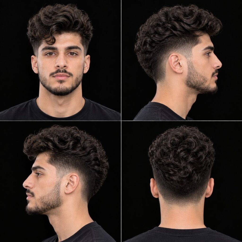Curly Pompadour with Low Taper