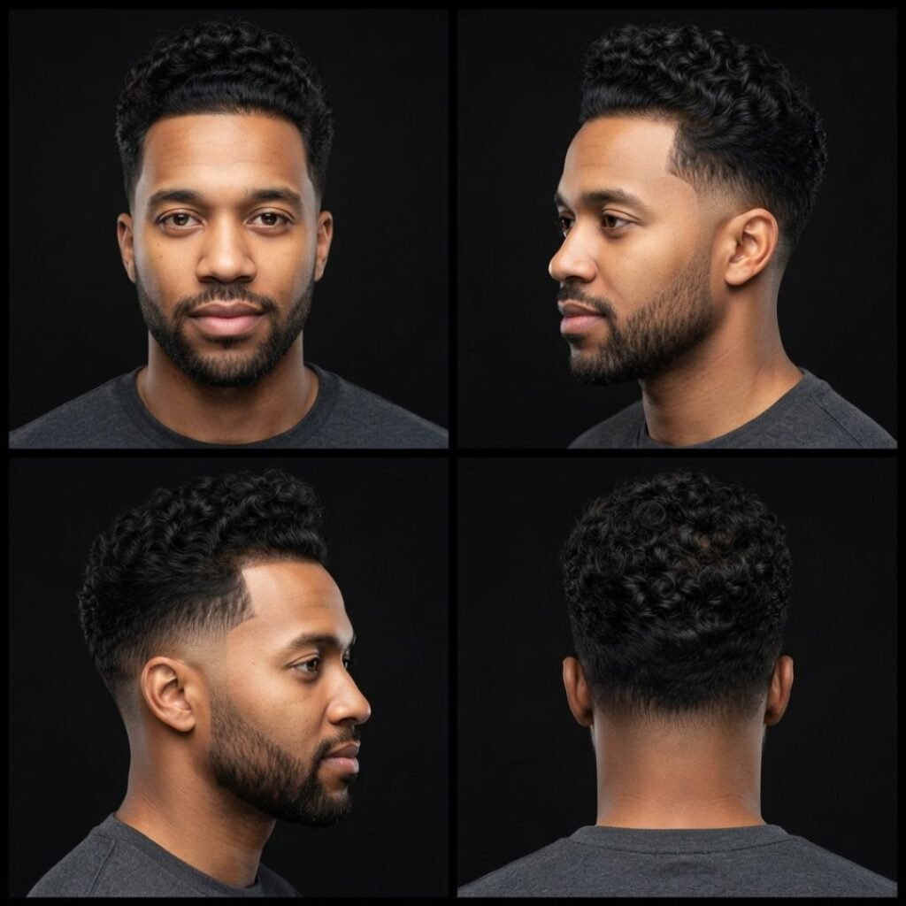 Curly Pompadour with Mid Taper Fade