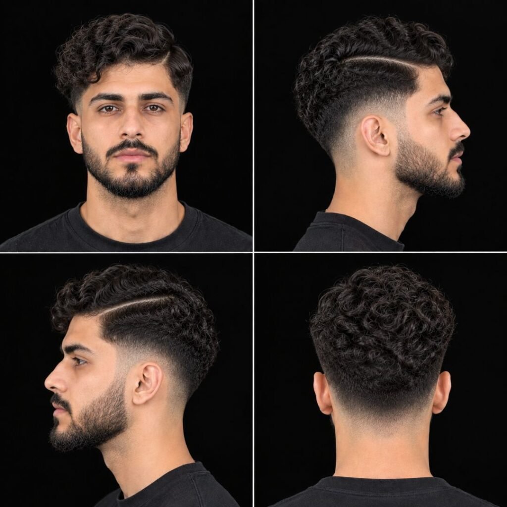 Curly Side Part with Low Taper Fade