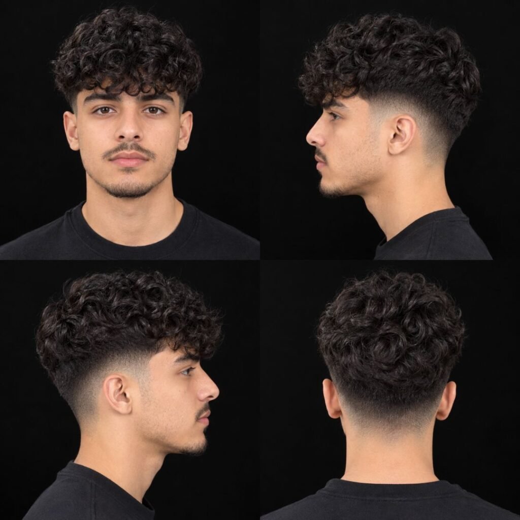 Low Taper Fade with Curly Fringe (Bangs)