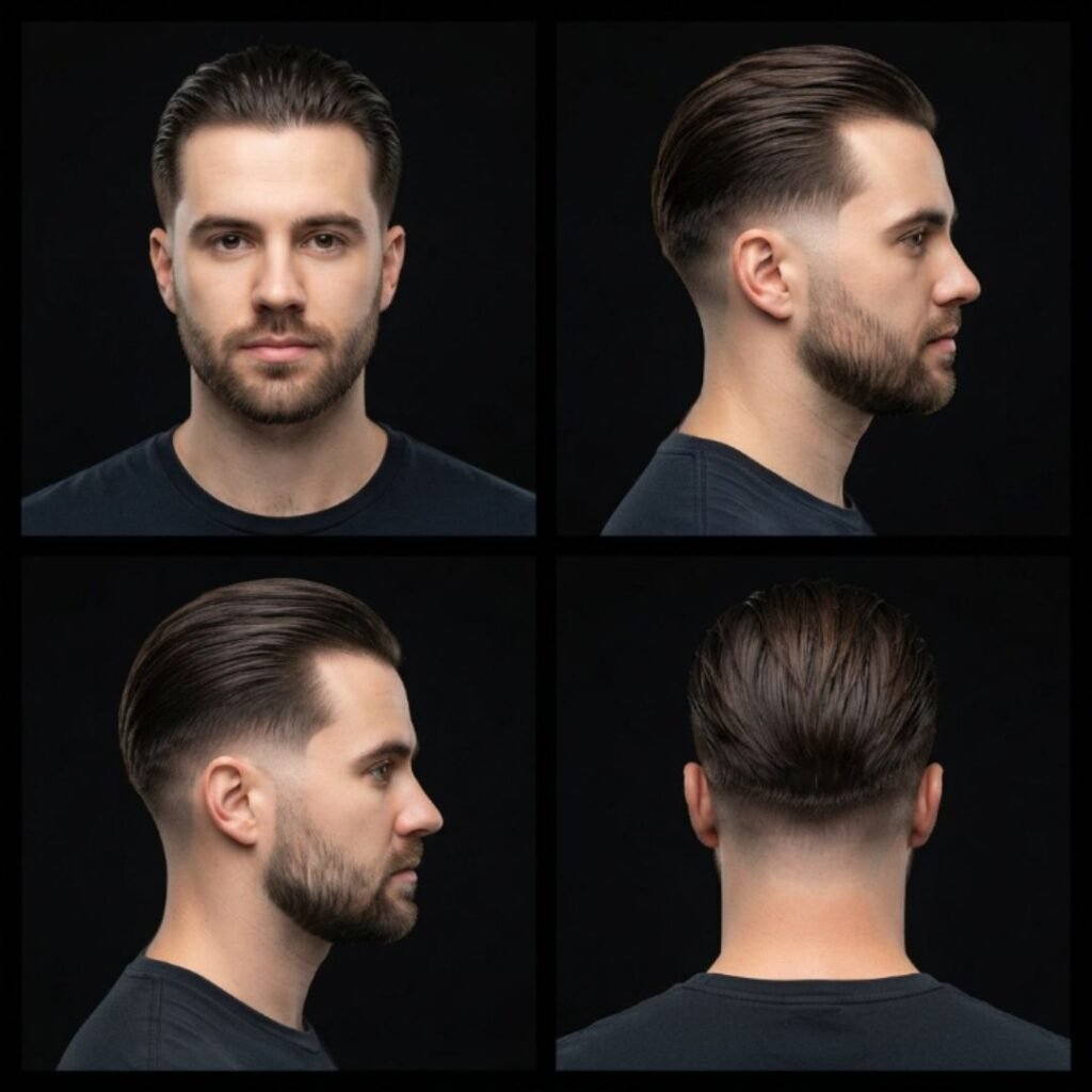 Low Taper Fade with Long Slicked Back Hair