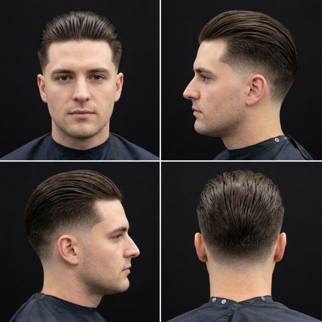 Low Taper Fade with Long Slicked Back Hair