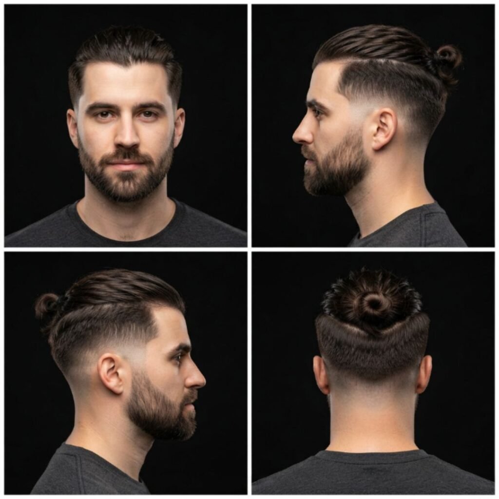 Low Taper Fade with Slick Back Bun