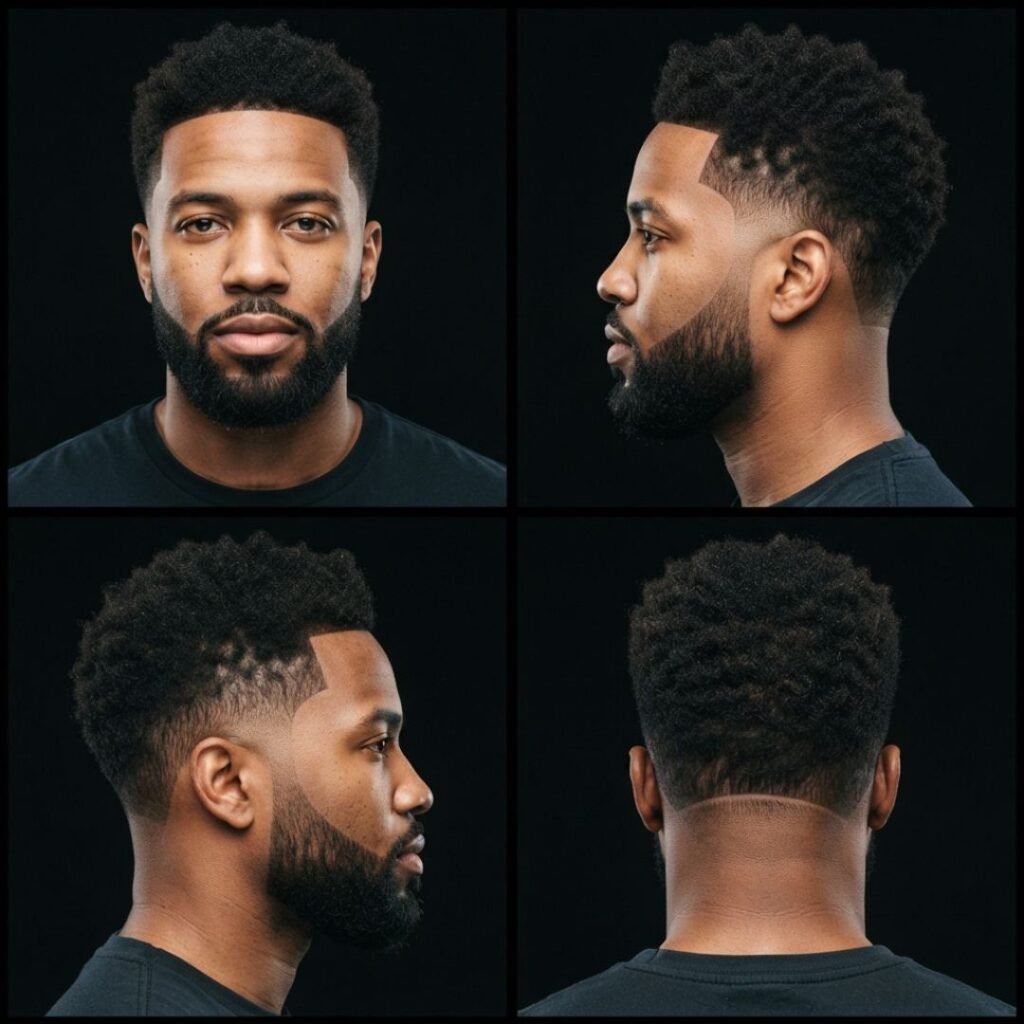 Short Afro with Beard and Mid Taper Fade